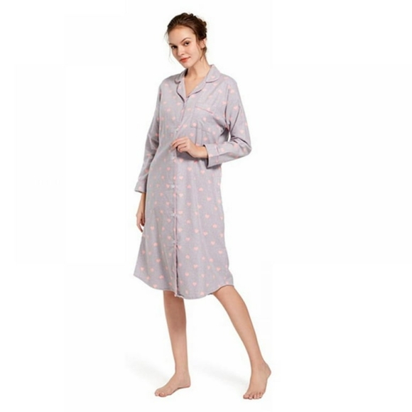 Long Sleeve Night Gown Pajama Dress with Pink Hearts perfect for Post Partum - Picture 1 of 11